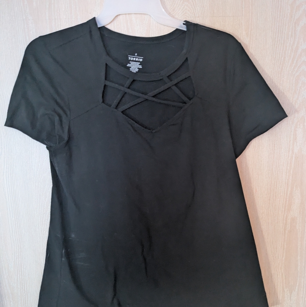 Torrid Black Short Sleeve Crisscross Caged Top